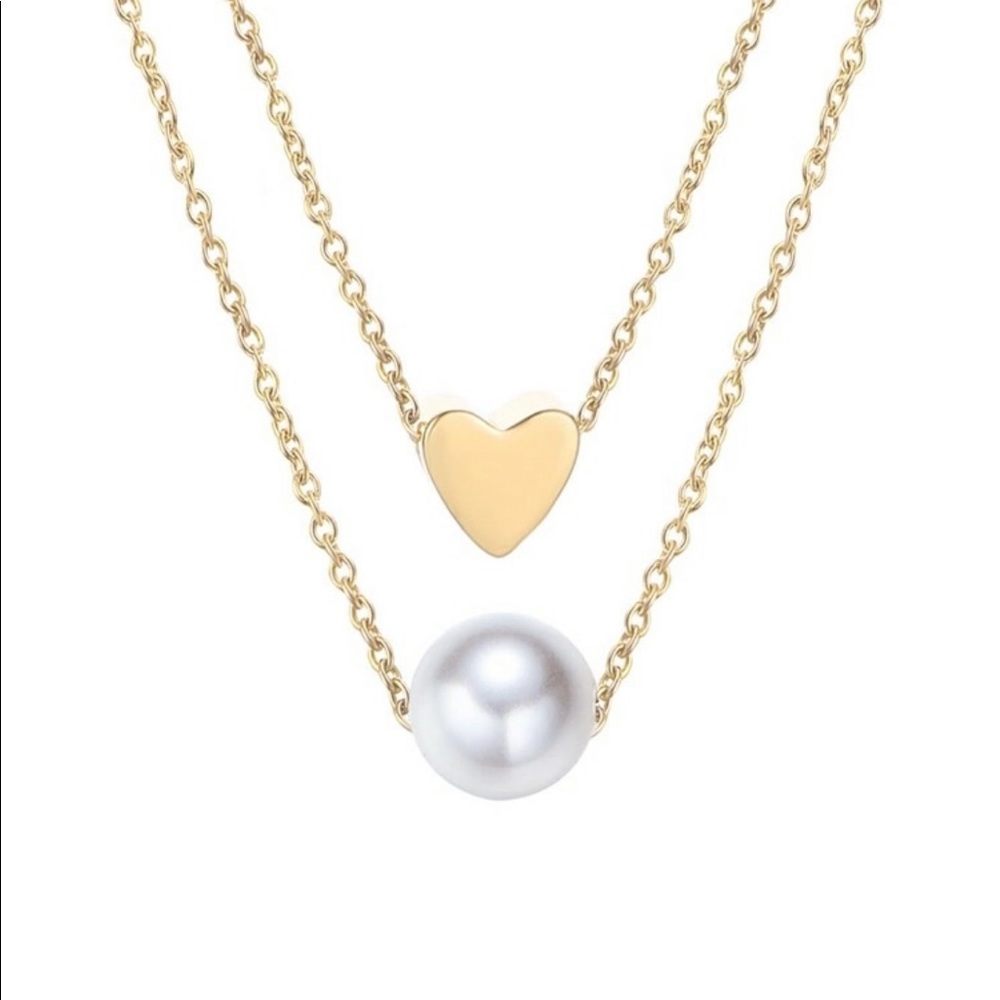 Faux Pearl + Heart Layered Necklace - Picture 2 of 4